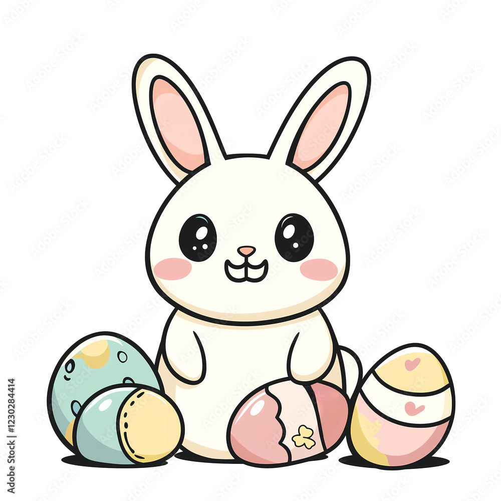 Obraz premium Adorable cartoon bunny surrounded by pastel Easter eggs, perfect for springtime celebrations and festive greetings.
