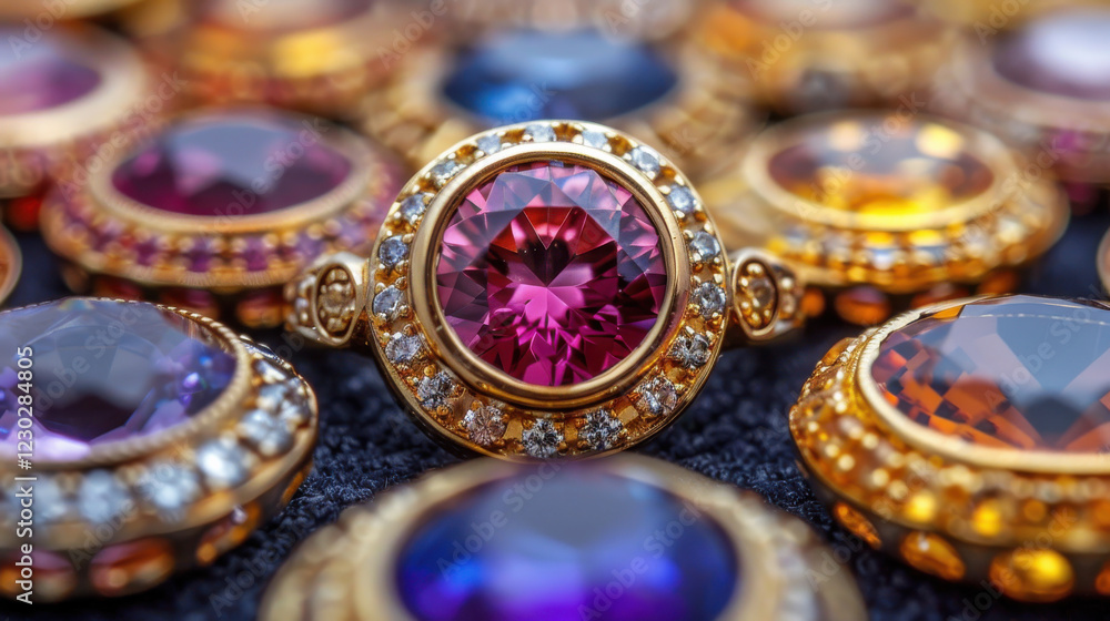 Elegant jewels with vibrant gemstones on dark background create stunning display Elegant jewels with vibrant gemstones on dark background create stunning display