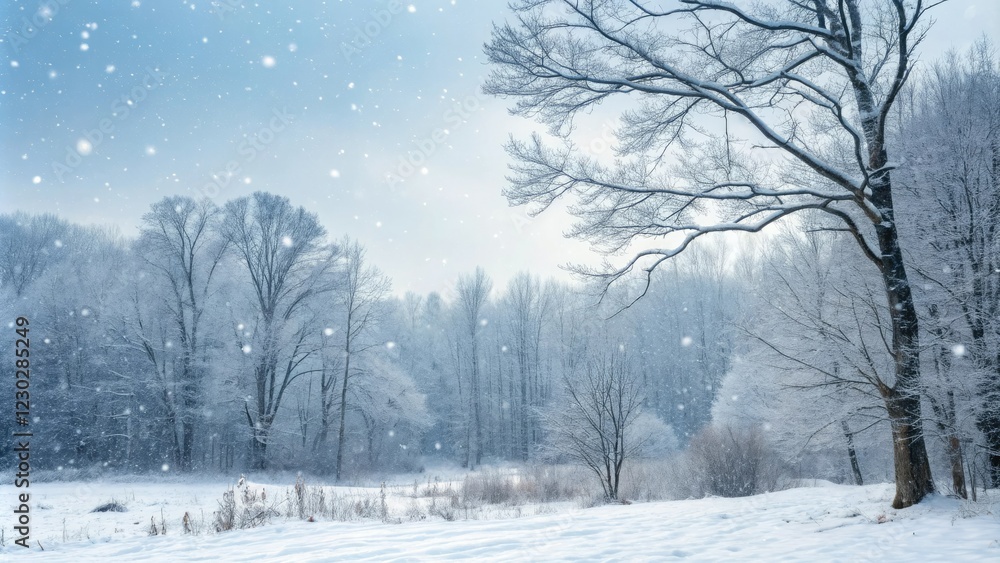 Obraz premium Snowy forest landscape with bare trees, frosty air, and snowflakes gently falling from the sky, winter wonderland, christmas, forest