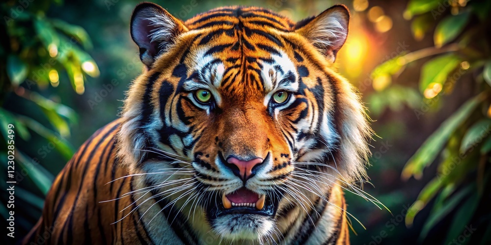 Fototapeta premium Majestic Bengal Tiger Intense Gaze, Wild Animal Portrait, Vibrant Orange Fur, Powerful Predator