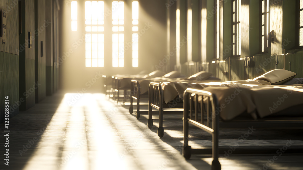 A row of hospital beds in a dimly lit corridor, creating a somber and calm atmosphere, evoking a sense of quiet care and medical environment in a healthcare setting.
A row of hospital beds in a dimly lit corridor, creating a somber and calm atmosphere, evoking a sense of quiet care and medical environment in a healthcare setting.
