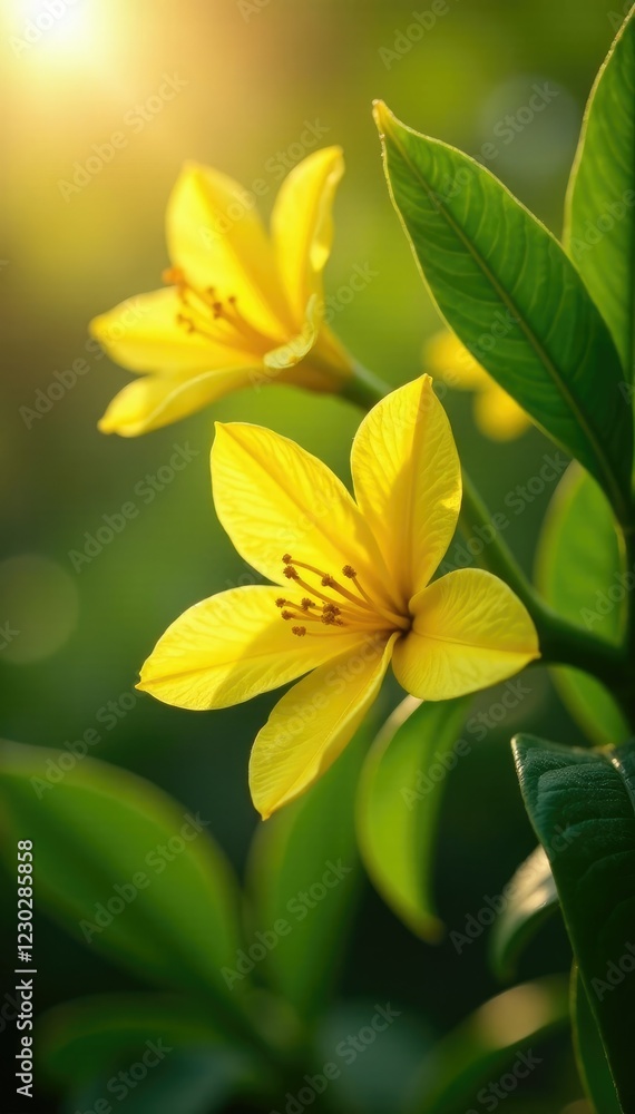 Obraz premium Sunlit yellow ylang ylang Cananga odorata flowers on tree branches, morning dew, green leaves, summer garden