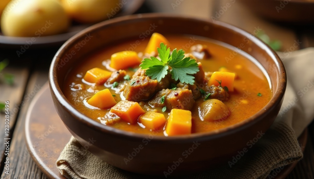A bowl of warm parmentier made with beef, roasted pumpkin, and boiled potatoes, soup, parmentier, beef A bowl of warm parmentier made with beef, roasted pumpkin, and boiled potatoes, soup, parmentier, beef