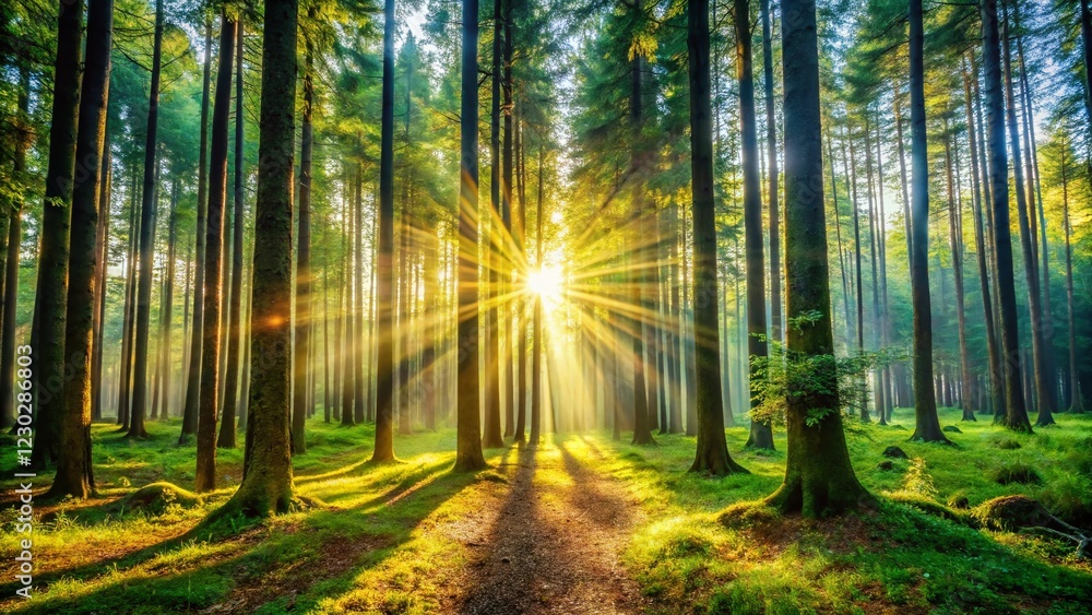 Obraz premium Majestic Bosque: Sunlight Dappled Trees & Copy Space for Text