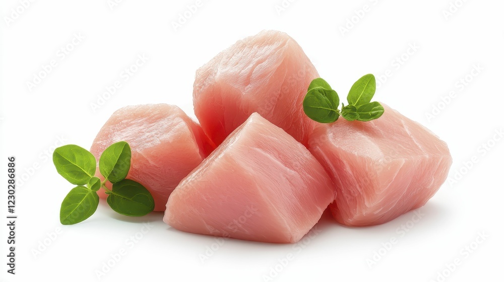 Fresh, cubed meat garnished with herbs, showcasing a clean and appetizing presentation ideal for culinary use. Fresh, cubed meat garnished with herbs, showcasing a clean and appetizing presentation ideal for culinary use.