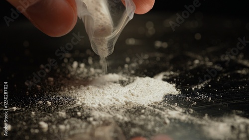 Person preparing illegal street drugs like white crystalline powder for consumption by snorting. Opioid epidemic is a major public health crisis leading to addiction, overdoses, and deaths.