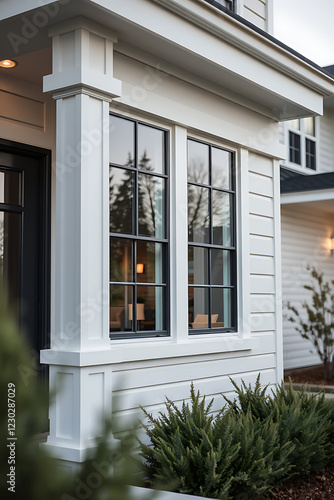 Elegant White House Exterior with Black Windows and Lush Greenery: Modern Home Architecture Design