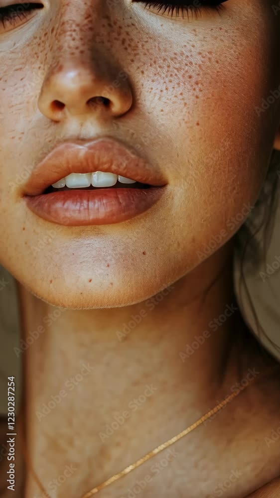 Close-up of a woman showcasing natural beauty and freckles in a soft, warm light during a casual moment Close-up of a woman showcasing natural beauty and freckles in a soft, warm light during a casual moment