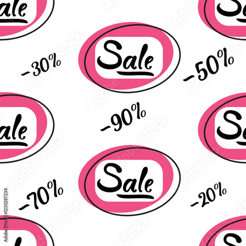 Discount labels with various markdown percentages in pink and black design
