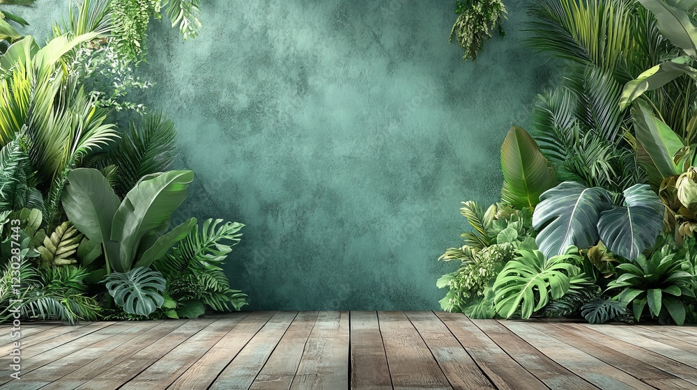 Charming Interior Scene Featuring a Warm Wooden Floor Complemented by Lush Green Wall and Vibrant Indoor Plants Creating a Cozy and Inviting Atmosphere for Relaxation and Enjoyment Charming Interior Scene Featuring a Warm Wooden Floor Complemented by Lush Green Wall and Vibrant Indoor Plants Creating a Cozy and Inviting Atmosphere for Relaxation and Enjoyment