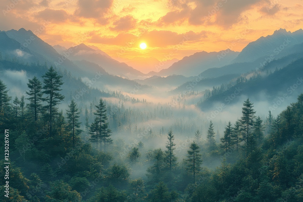 Obraz premium Sunrise over a misty mountain valley surrounded by lush evergreen forests