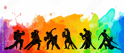 Paired dancing silhouettes of people, dancers man and woman, girl and guy. Vector illustration of dance. Tango. Waltz.