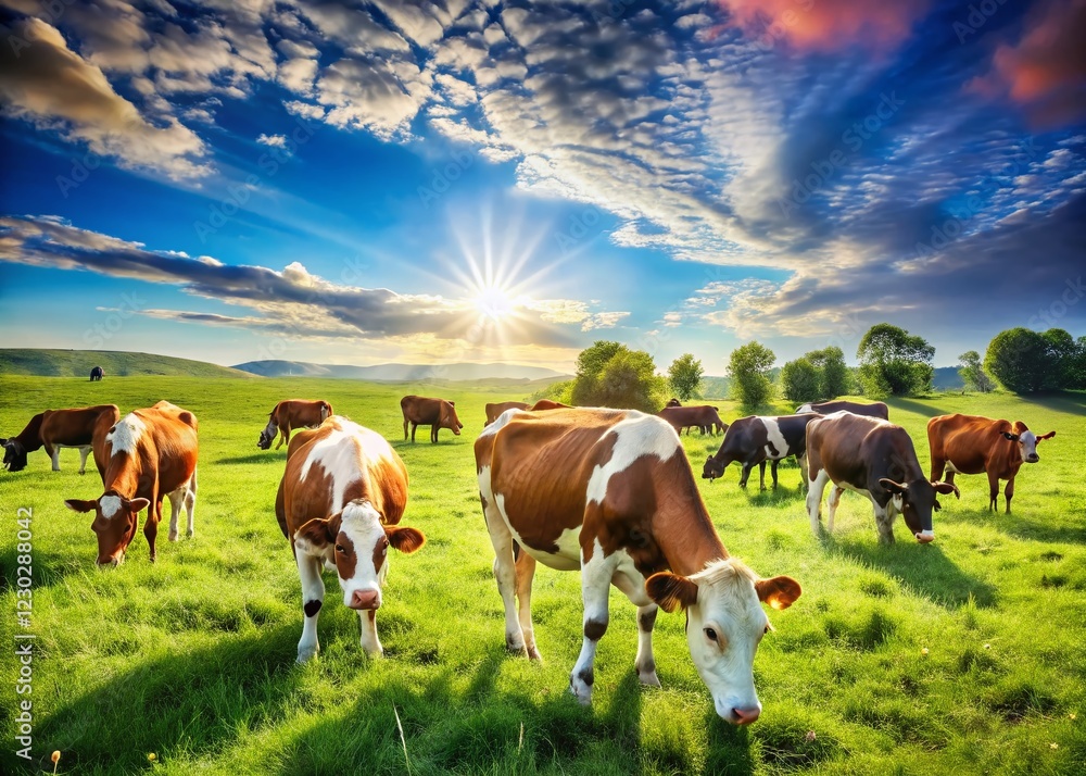 Majestic Cows Grazing on Lush Green Pasture Under a Vivid Blue Sky Majestic Cows Grazing on Lush Green Pasture Under a Vivid Blue Sky