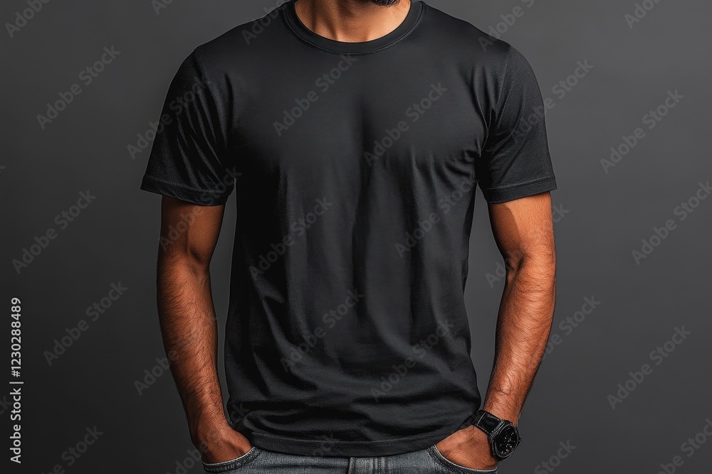 Man poses confidently in a plain black t-shirt against a dark backdrop showing casual fashion style Man poses confidently in a plain black t-shirt against a dark backdrop showing casual fashion style