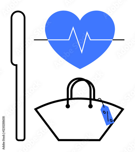 Shopping bag with discount tag, blue heart with heartbeat line, and a vertical thermometer. Ideal for health-conscious shopping, medical expenses, retail wellness, budget planning, consumer health
