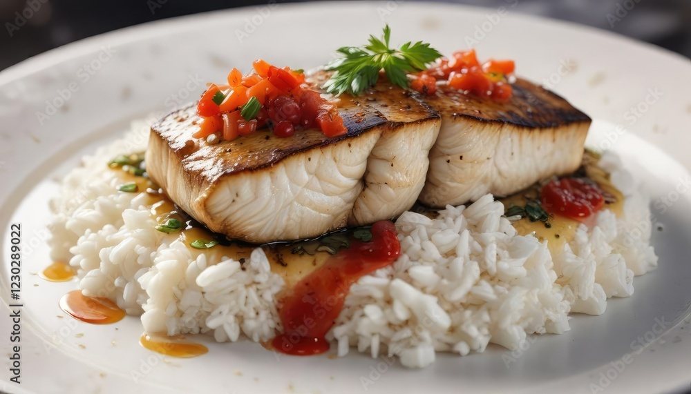 piece of sea bass on top of a bed of fluffy boiled rice with a drizzle of sauce, healthy recipe, flavorful fish, delicious meal piece of sea bass on top of a bed of fluffy boiled rice with a drizzle of sauce, healthy recipe, flavorful fish, delicious meal