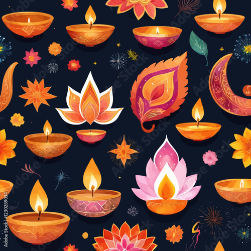 Diwali Clipart Set. Water color illustration of Diwali symbols and characters for design. Ganesha, diya, lotus, Diwali mithai, sweets, marigold garland