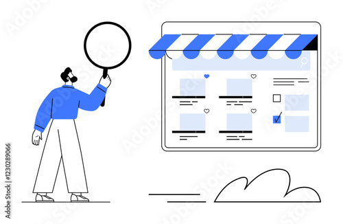 Person holding magnifying glass examining product listings on online shopping platform. Ideal for analysis, search, e-commerce, technology, online business, optimization, review concepts. Abstract