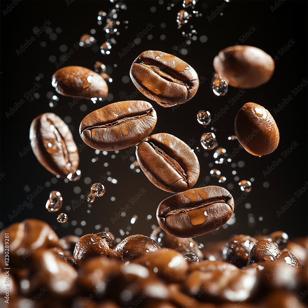Coffee beans with water droplets in mid air, dynamic and fresh Coffee beans with water droplets in mid air, dynamic and fresh