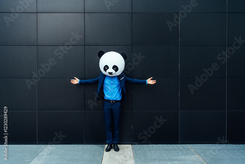 Storytelling image of a business man wearing a giant panda head photo