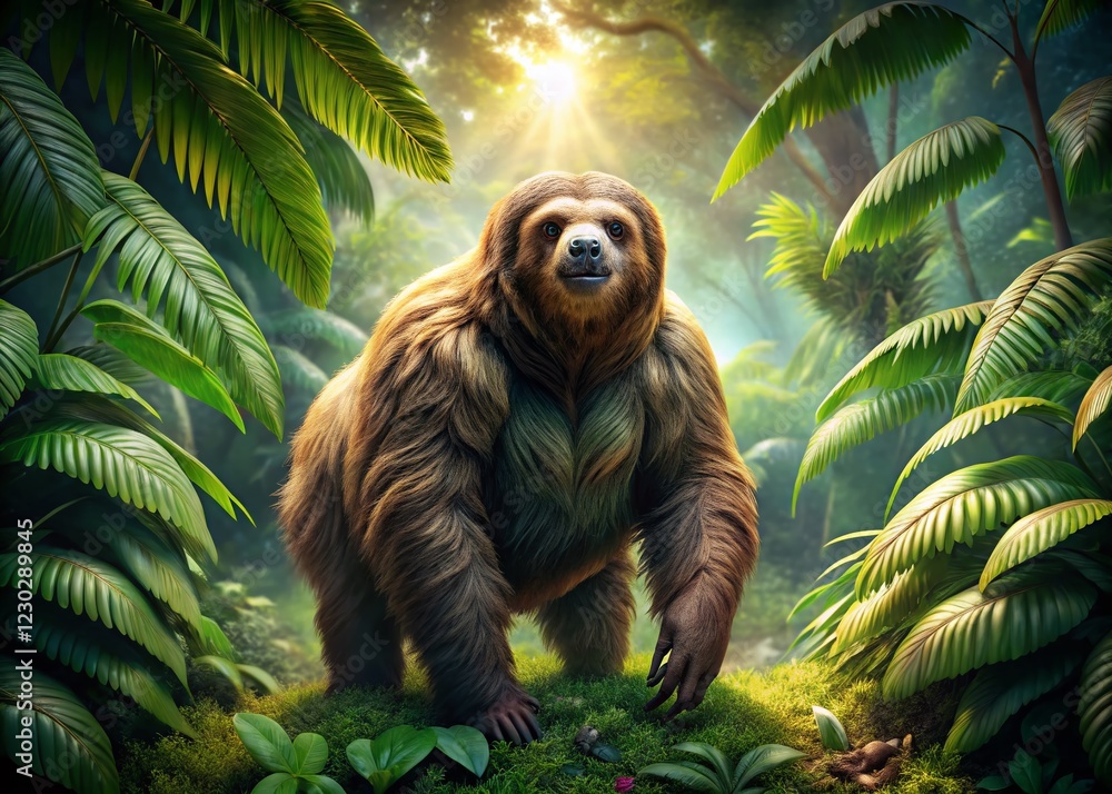 Obraz premium Majestic Giant Ground Sloth in Pristine Natural Habitat - Generative AI Stock Photo