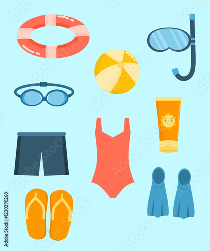 Set of swimming elements (a lifebuoy, a beach ball, swimming goggles, a snorkel, swim shorts, a one-piece swimsuit, sunscreen, flip-flops, and diving fins), swimming elements cartoon collection 