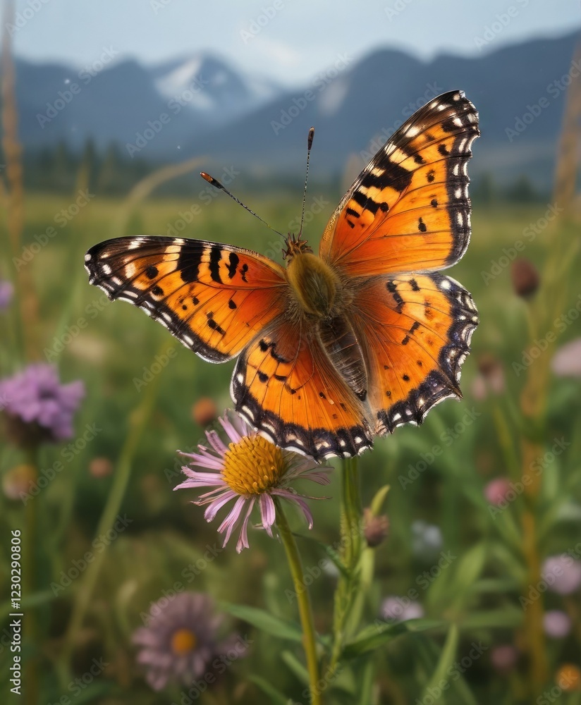 Obraz premium Rare Marsh Fritillary Butterfly Euphydryas aurinia, springtime habitat, sunny sky, warm light
