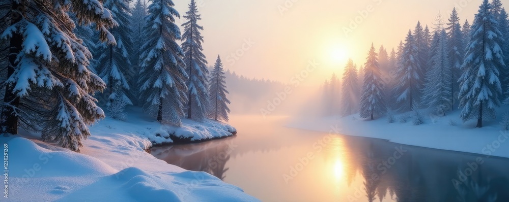 Frosty morning light shines down on snow-covered pine trees and a frozen river shimmering in the winter mist, morning, landscape, snow Frosty morning light shines down on snow-covered pine trees and a frozen river shimmering in the winter mist, morning, landscape, snow