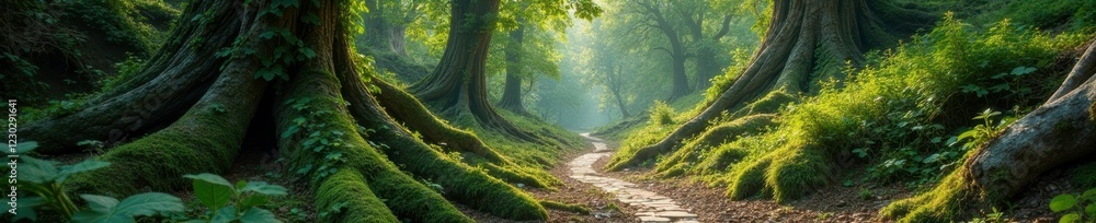 Vines wrap around ancient tree trunks on rugged mountain paths, ancient trees, vines Vines wrap around ancient tree trunks on rugged mountain paths, ancient trees, vines