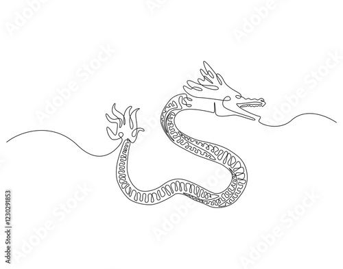 Continuous one line drawing of chinese dragon. One line drawing illustration of dragon mythology monster. Appreciate dragon day, chinese year concept single line. Editable outline