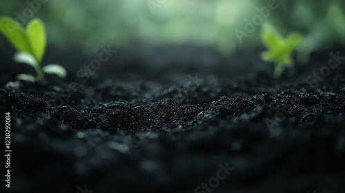Close-up of biochar black soil texture, rich dark fertile earth in minimalistic bright light tone modern blurred empty space for caption focus on sustainable agriculture and nature's rejuvenation

