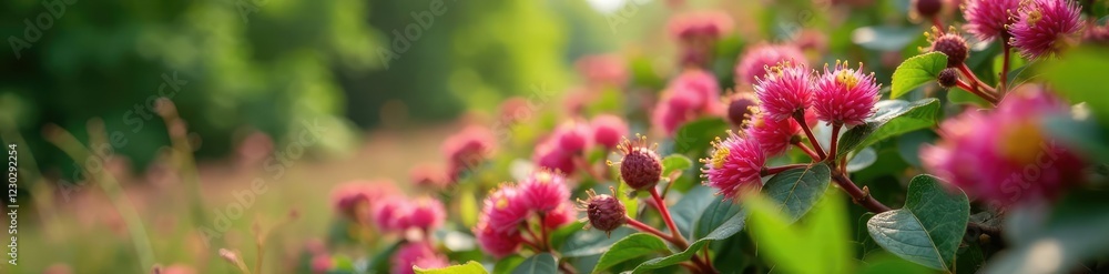 Low-angle shot of salmon berry bushes with pink flowers and foliage in the foreground, pink flowers, flowering shrubs, botanicals Low-angle shot of salmon berry bushes with pink flowers and foliage in the foreground, pink flowers, flowering shrubs, botanicals