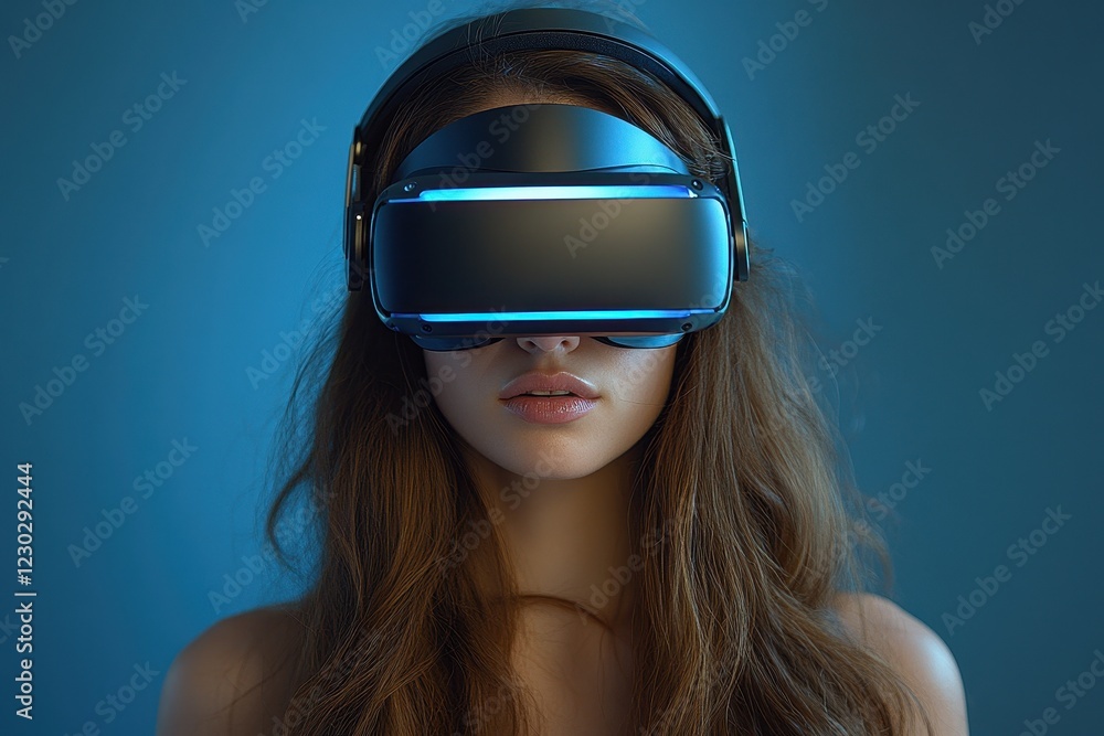 Naklejka premium Young woman experiences virtual reality technology in a modern setting with blue lighting
