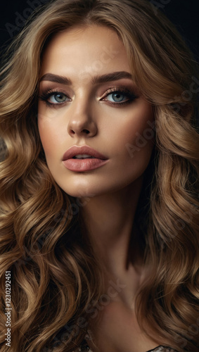 Wallpaper Mural Glamorous portrait woman with wavy golden brown hair, blue eyes, and flawless makeup, soft lighting Torontodigital.ca