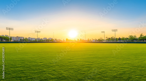 A stunning sunset over an empty baseball field, warm hues reflecting off the grass and the sky, creating a peaceful and nostalgic atmosphere perfect for capturing the beauty of nature and solitude.
