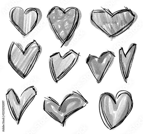 Set of black white monochrome hearts with chalk, pastel,  crayon texture, doodle love sign isolated on white background, Grunge Heart icon set,  Hand drawn vector illustration