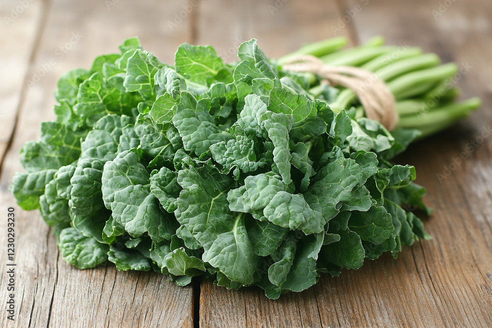 Fresh Green Kale Bunch on Wooden Surface Fresh Green Kale Bunch on Wooden Surface