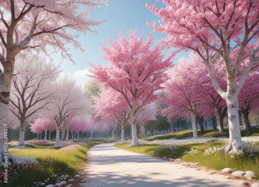 Fototapeta premium Scenic view of white and pink trees in full bloom in a springtime setting, nature, flora, trees