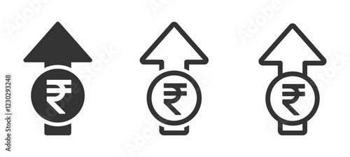 Cost increase vector icons. Rupee increase sign