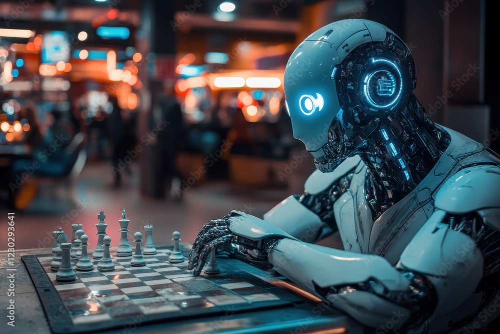 Chess-playing robot engages in strategic match inside a futuristic gaming venue during evening hours Chess-playing robot engages in strategic match inside a futuristic gaming venue during evening hours