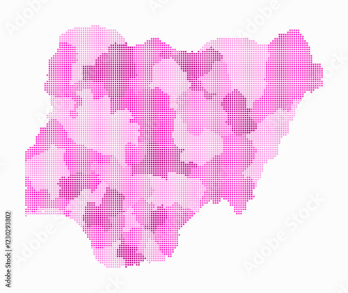 Nigeria dotted map. Digital style map of the country on white background. Nigeria shape with square dots. Colored dots style. Small size squares. Stylish vector illustration.