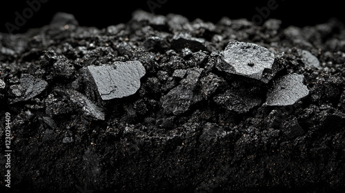 Close-up of biochar black soil texture, rich dark fertile earth in minimalistic bright light tone modern blurred empty space for caption focus on sustainable agriculture and nature's rejuvenation


