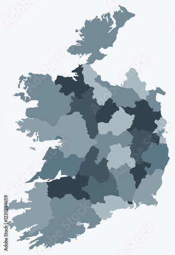 Map of Ireland with regions. A simple country border map with regional divisions. Blue-grey color palette. Flat Ireland shape with administrative division. Vector illustration.