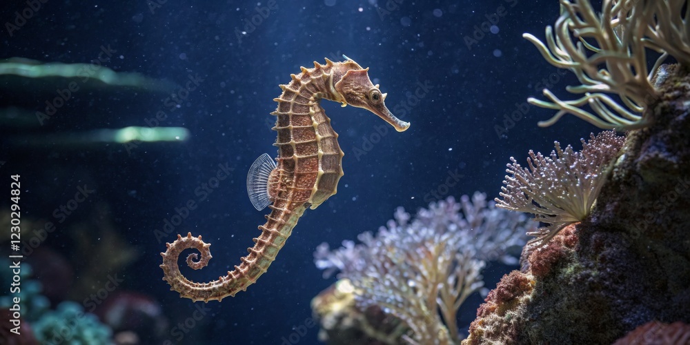 Fototapeta premium Underwater view of a seahorse swimming gracefully among colorful corals in a vibrant marine habitat