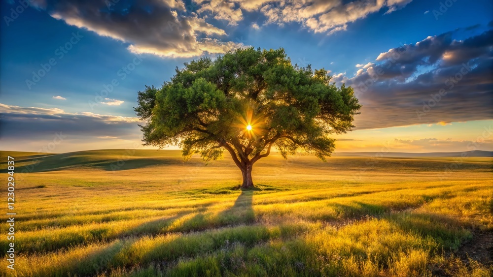 Fototapeta premium Majestic Mulberry Tree Solitary in Vast Steppe Landscape - Stunning Nature Photography