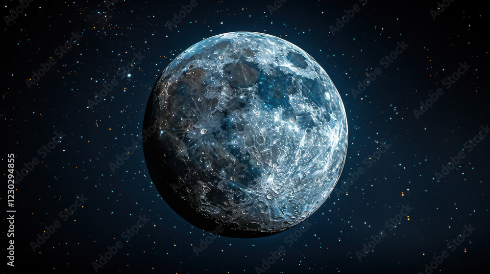 Fototapeta premium Bright full moon in clear night sky surrounded by stars, creating serene atmosphere