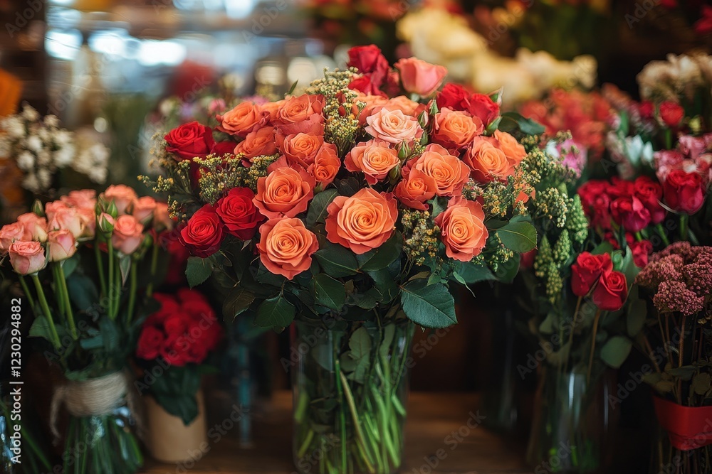 Beautiful bouquet of multicolored roses displayed in a flower shop, showcasing vibrant hues and lush greenery Beautiful bouquet of multicolored roses displayed in a flower shop, showcasing vibrant hues and lush greenery