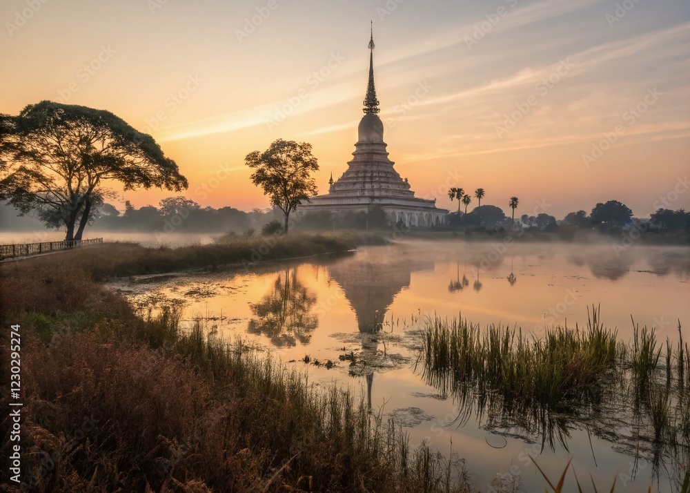 Majestic Nine-Story Stupa at Wat Nong Waeng, Khon Kaen, Thailand - Scenic Marsh View Majestic Nine-Story Stupa at Wat Nong Waeng, Khon Kaen, Thailand - Scenic Marsh View