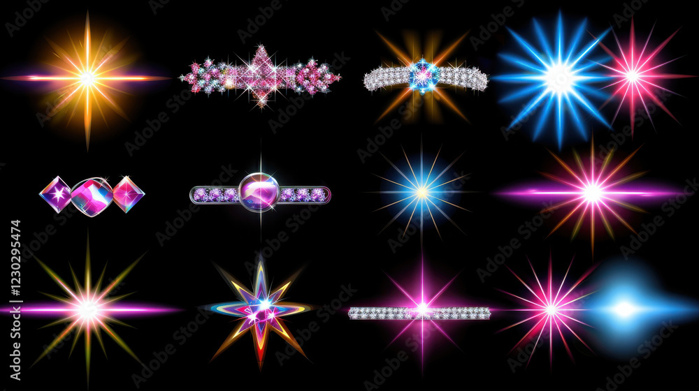 Bright light lens flares with various shapes and sizes create dazzling effect. These colorful flares enhance visual appeal and add sparkle Bright light lens flares with various shapes and sizes create dazzling effect. These colorful flares enhance visual appeal and add sparkle