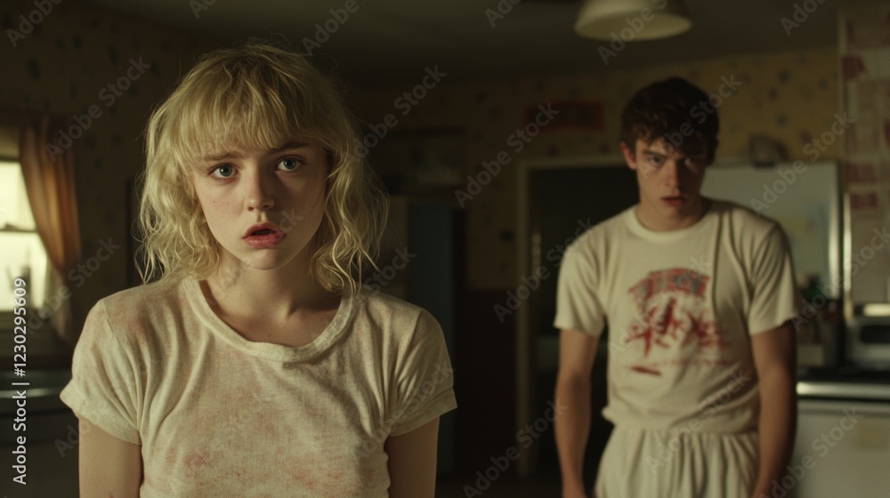 Shocked young woman with man in background, kitchen setting.